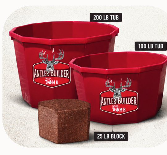 Antler Builder tubs, blocks and bagged feed lineup