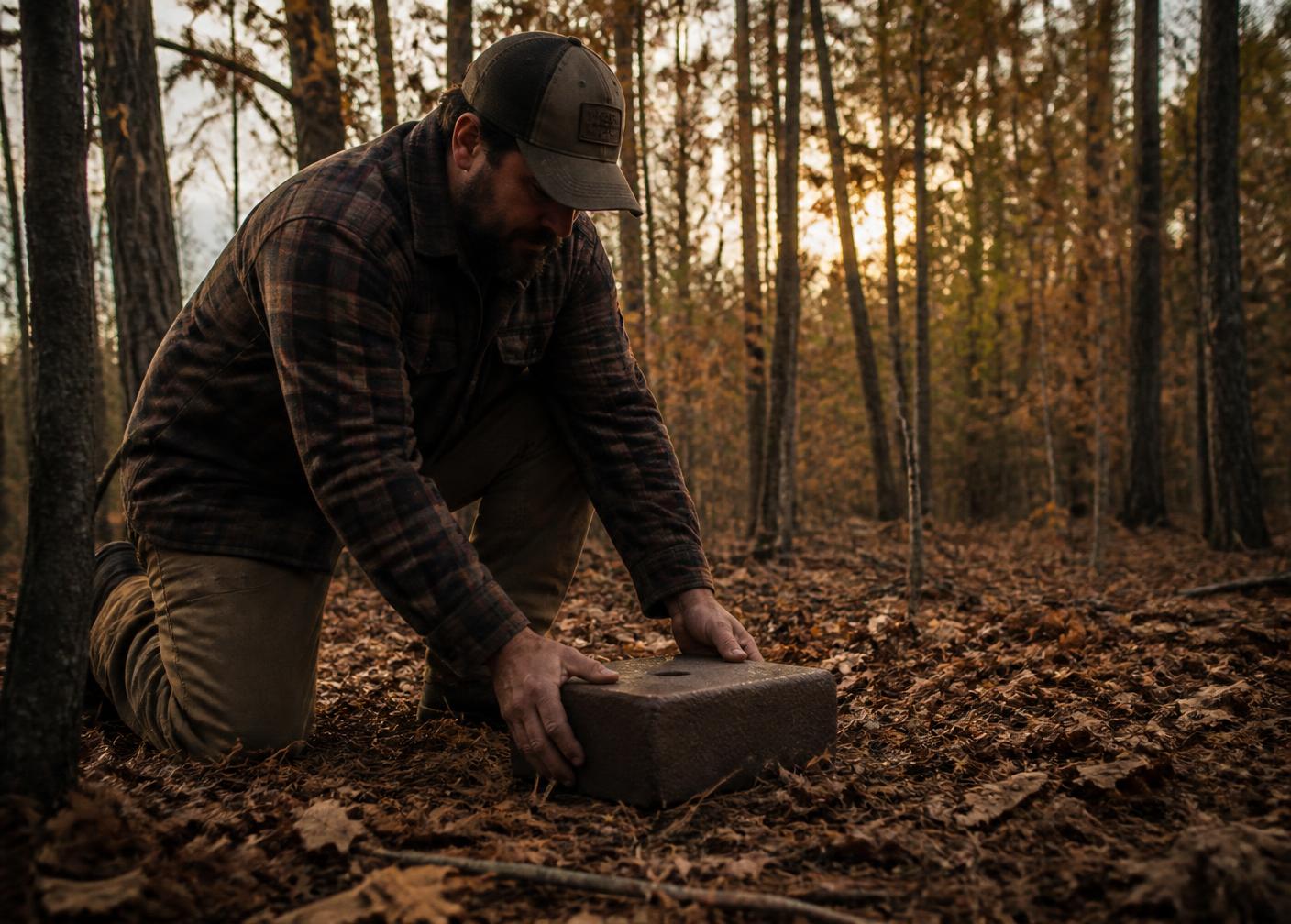 Land manager placing an Antler Builder block on the forest floor at sunset